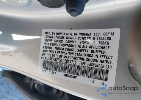 2013 Honda Civic Lx z USA, uszkodzony, nr VIN 19XFB2F51DE069716